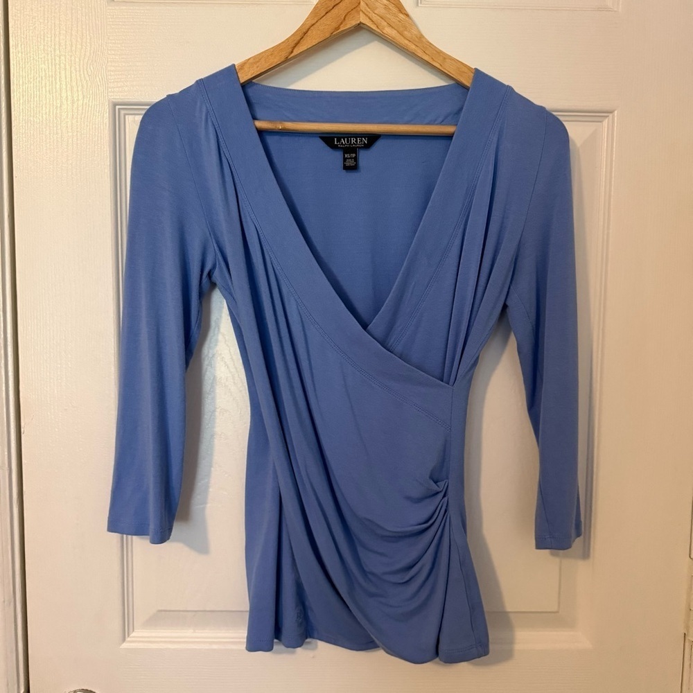 Ralph Lauren Black Label Blue Quarter Sleeve Wrap Style Ladies Top XS